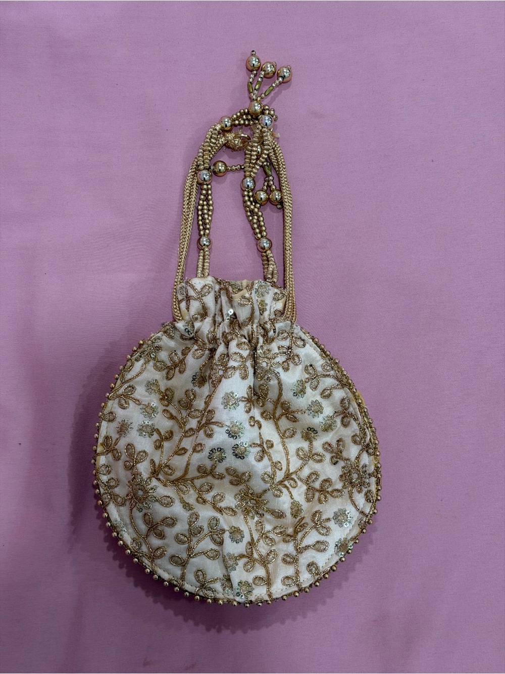 Embellished Gold and Cream Drawstring Potli Bag